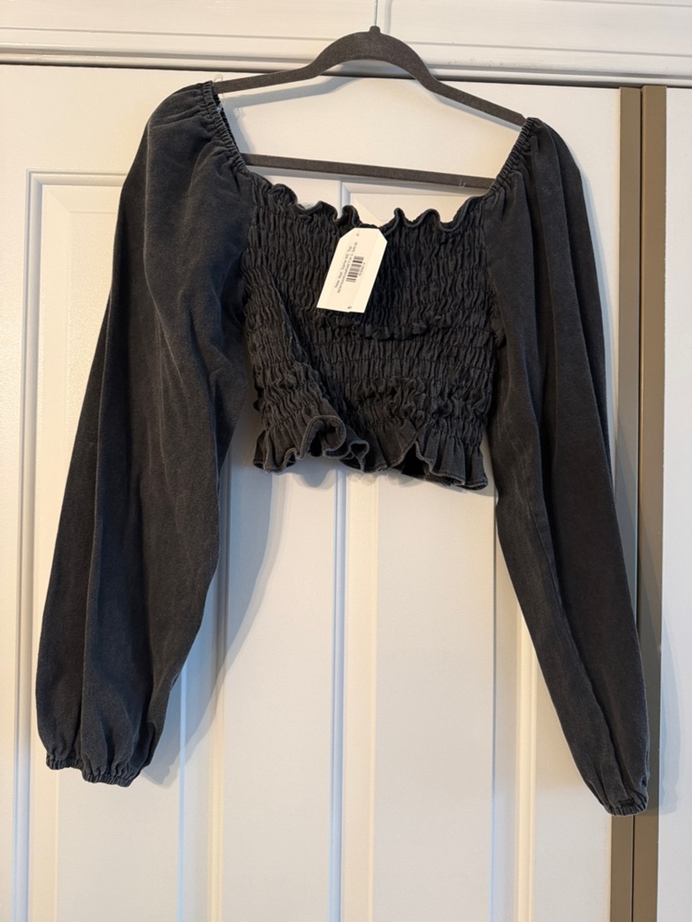 POL Black Smocked Off-Shoulder Long Sleeve Crop Top